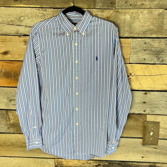 Polo Ralph Lauren Men's Medium Button Up Purple Orange Bar Stripe 120's Poplin - Picture 3 of 12